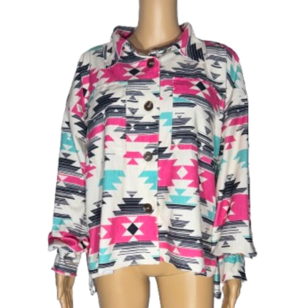 Women's Aztec Print Button-Down Long Sleeve Shirt - Pink & Teal Medium